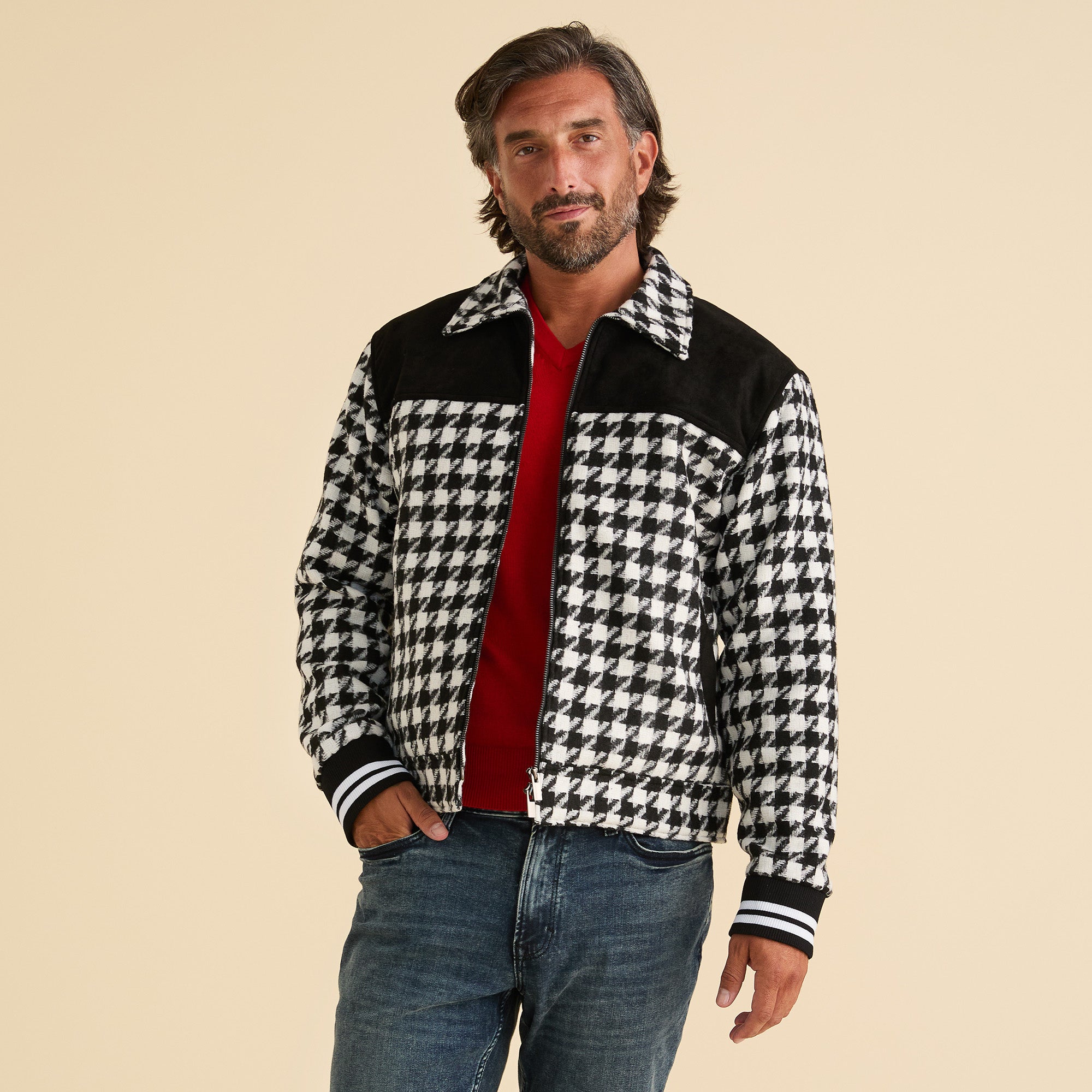 Men's Houndstooth Zipped Bomber Jacket | S-5XL | INSERCH