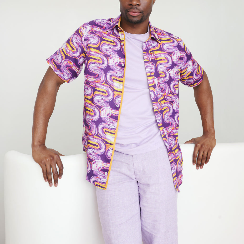 Men's Short Sleeve Optic Wave Print Linen Shirt | S-6XL