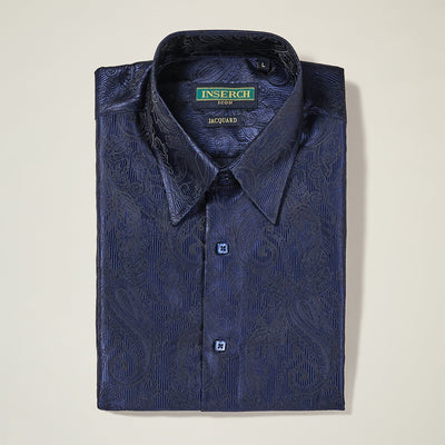 Long Sleeve Paisley Jacquard Shirt - Black & Navy - INSERCH