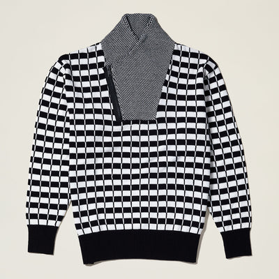 Intarsia Shawl Collar Sweater with Zip Detail - INSERCH