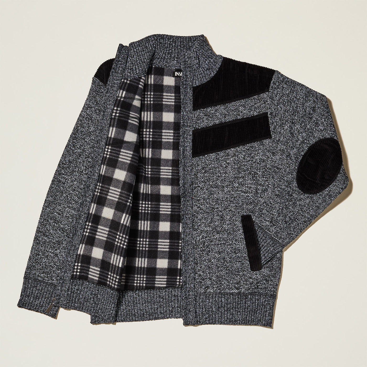 Marled Yarn Full Zip Sweater with Corduroy Trim - INSERCH