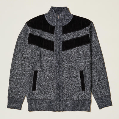 Marled Yarn Full Zip Sweater with Corduroy Trim - INSERCH